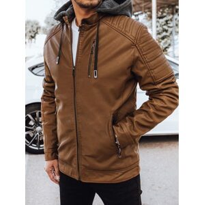 Trendy hnedá kožená bunda s kapucňou